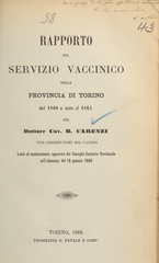 Rapporto sul servizio vaccinico nella provincia di Torino dal 1860 a tutto il 1864
