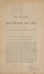 Dr. Watters' doctrines of life: reply to London lancet, and closing remarks