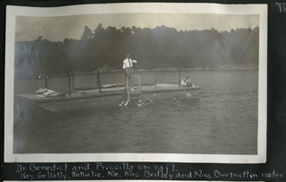 Leek Island Military Hospital: the Sisters' swimming race : Dr. Benedict and Priscilla on raft; Ray Gellatly, Nathalie, Me, Mrs. Bodley and Miss Burtnett in water