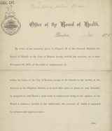 By virtue of the authority given in Chapter 26 of the General Statutes, the Board of Health of the City of Boston hereby forbids the exercise, on or after November 30, 1875, of the trade or employment of [blank]