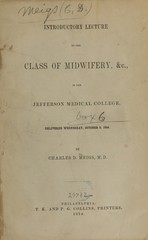 Introductory lecture to the class of midwifery &c: in the Jefferson Medical College, delivered Wednesday, October 9, 1854